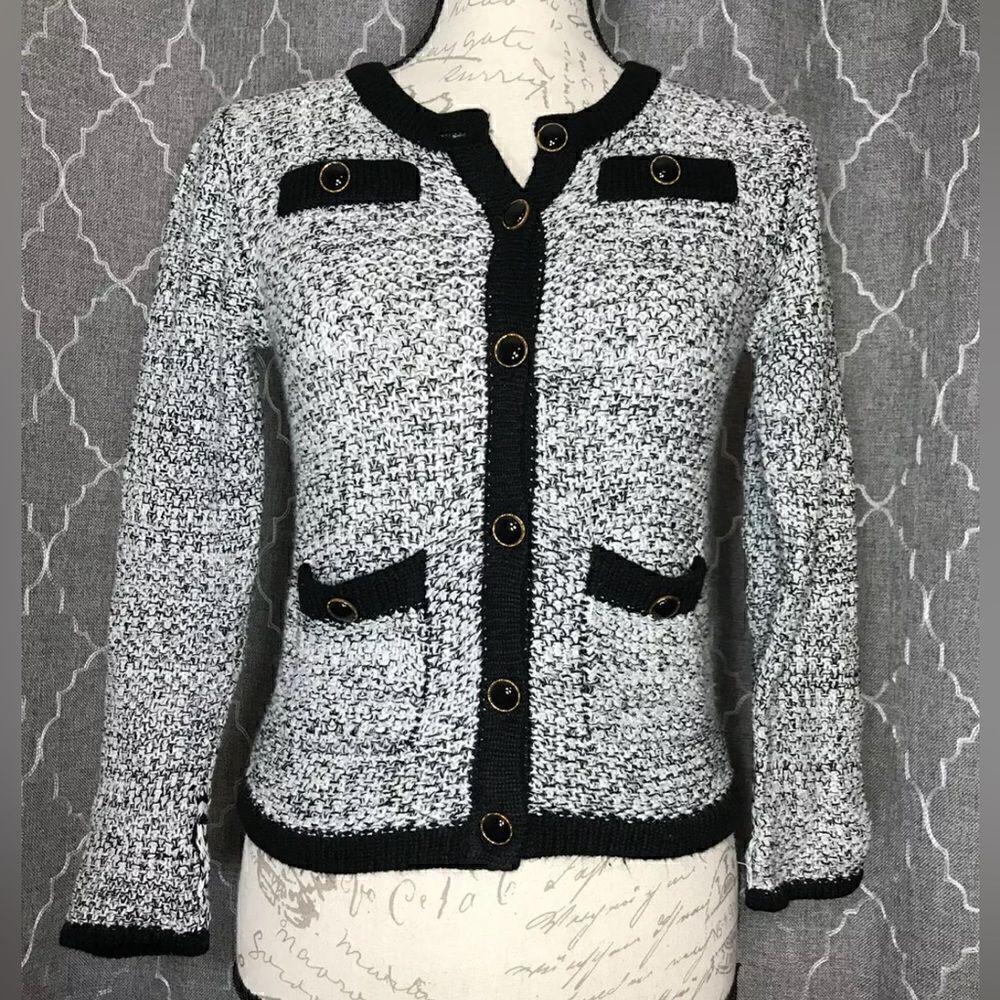 Xhilaration Women's Black/White Marled Long Sleeve Button Cardigan Sweater - XS